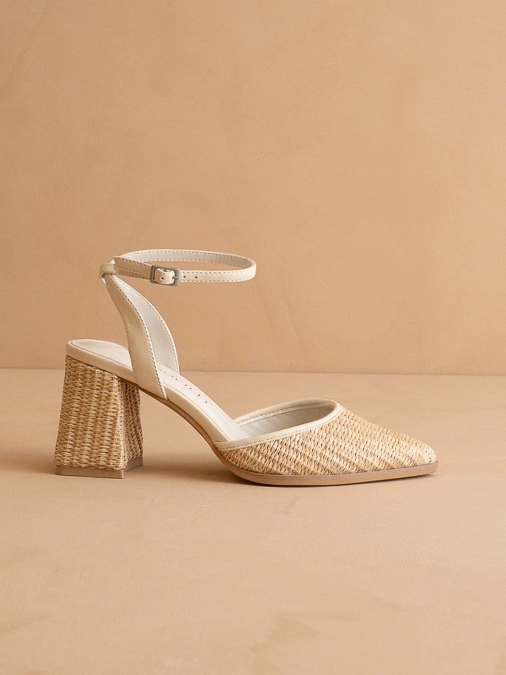 Woven Ankle-Strap Block Heel Sandal - Beige